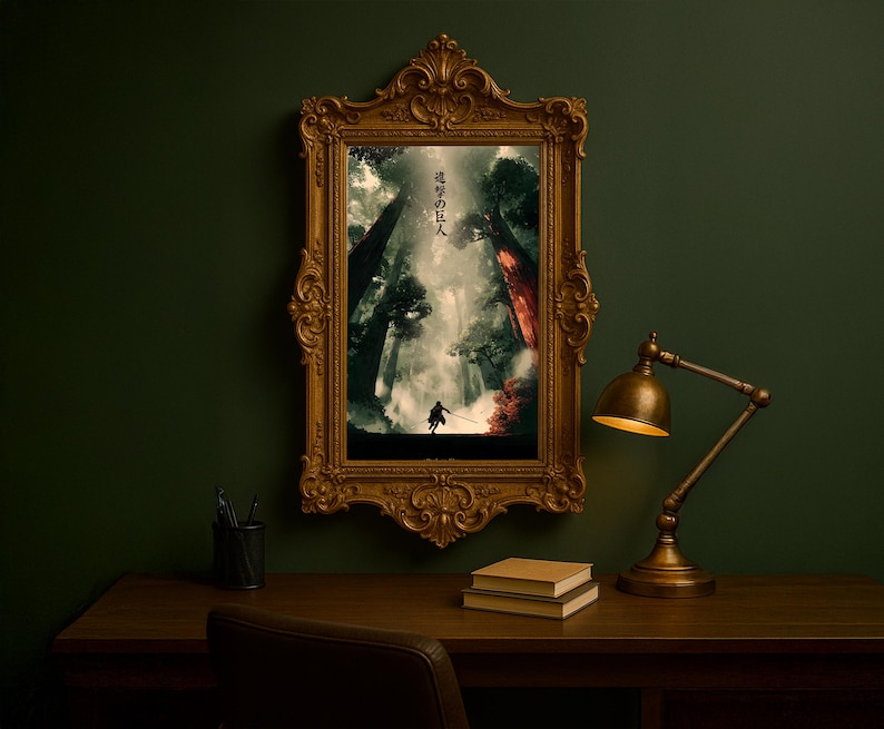 May include: A framed artwork featuring a forest scene with a figure holding a sword. The frame is ornate gold, and the artwork has Japanese text. A desk with a lamp and books is in the foreground. The wall is dark green.