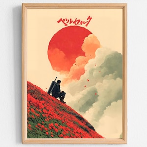 Puede incluir: Impresión artística enmarcada que representa una figura con una gran espada sentada en una colina cubierta de flores rojas, con un gran sol rojo y texto japonés en la parte superior. El cielo tiene nubes en tonos naranja y verde.