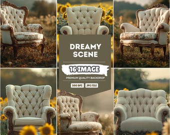 Fondo digital con un sillón y un campo de girasoles: superposición fotográfica vintage (descarga JPG)