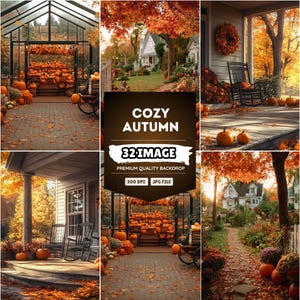 Könnte beinhalten: Eine Collage von Herbstszenen mit Kürbissen, Herbstlaub und gemütlichen Hausfassaden. Die Bilder zeigen ein mit Kürbissen gefülltes Gewächshaus, eine Veranda mit Schaukelstuhl und einen Weg mit Kürbissen und Blumen. Text: "COZY AUTUMN".
