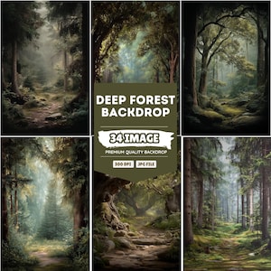 May include: Six images presenting a deep forest backdrop with lush green trees, pathways, and a misty atmosphere. The text "DEEP FOREST BACKDROP" and "34 IMAGE" are displayed on a green background, offering a premium quality backdrop.
