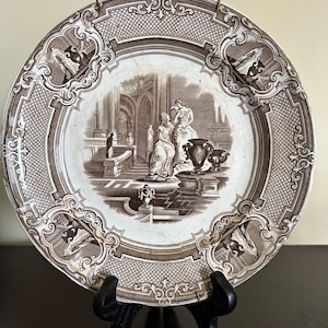 Antique English Brown Transferware Ironstone Plate / Minerva 1850s Decorative Plate