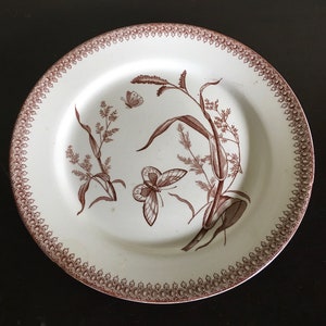 Antique English Brown Transferware Ironstone Plate / T&R Boote Summer Time 1800s Ironstone China Plate / Butterflies Pattern 1878