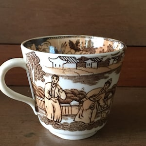 Antique Brown Yellow Transferware Tea Cup | Asian Transferware Tea Cup