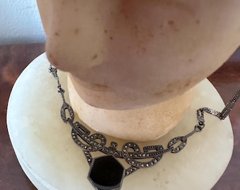 Antique Sterling Silver Black Onyx and Inlaid Marcasites Art Deco Necklace