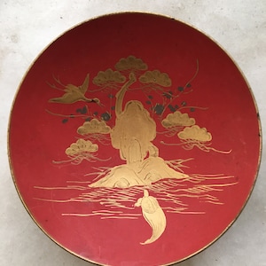 Antique Japanese Red Lacquer Dish / Japanese Wedding Ceremony Dish