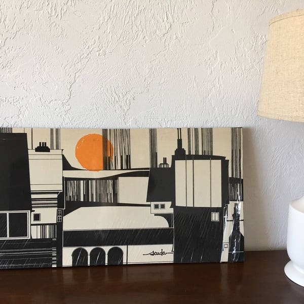 Mid Century Modern Scuda City Landscape with Sun / Scuda Textile Print  / Vintage Scuda Silkscreen Print on Linen | FL