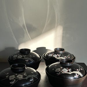 Vintage Japanese Black Lacquer Soup Bowls (Owan) Set of Five | Bird, Plum Blossoms