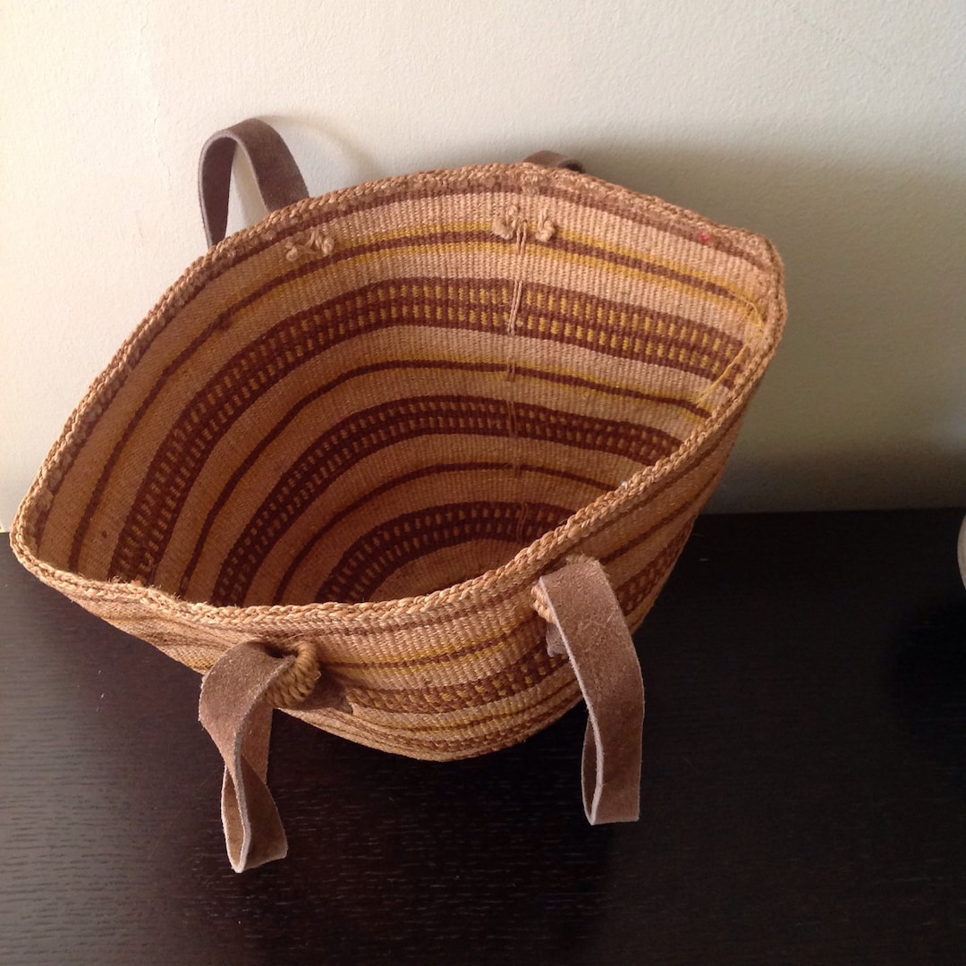 Antique Hand Woven Basket Bag With Brown Leather Shoulder Etsy