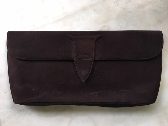 Vintage 1940s Brown Suede Leather Clutch Handbag /