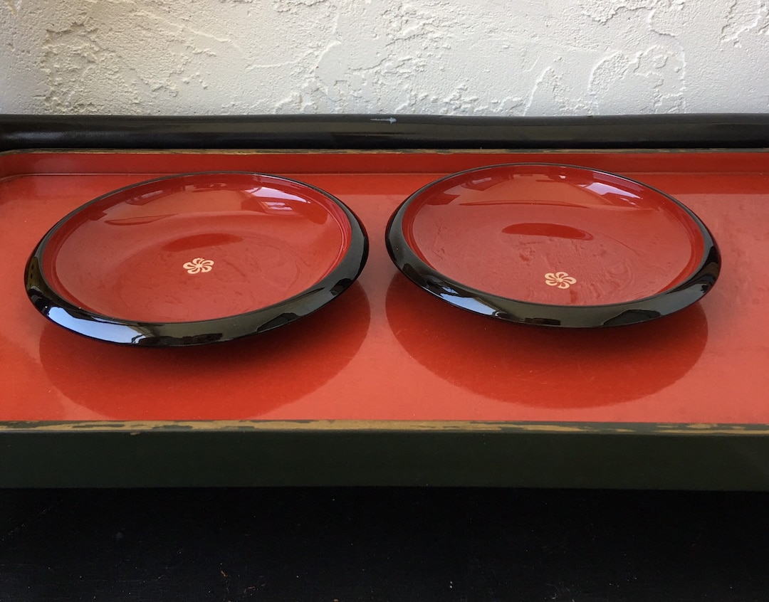 Vintage Japanese Red Lacquer Sake Plates Mother of Pearl Etsy