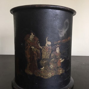 Antique English Chinoiserie Papier-Mâché  Lidded Cigar Humidor / 1800s Papier-Mâché Hand Painted Black Lacquer Gold Gilt / Asian Theme