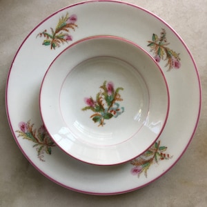 Antique Haviland & Co Limoges White and Pink Rim and Flowers Porcelain Plates and Small Bowls/ Set of Two / 1800s Haviland china