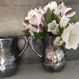 Antique 1875-1920 Open Sugar Bowl Spooner and Pitcher/Creamer by Standard Co Triple Silverplate Etched Floral Double Handle