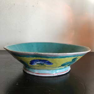 Chinese Export Famille Verte Celedon and Yellow Bowl with Pink Peony