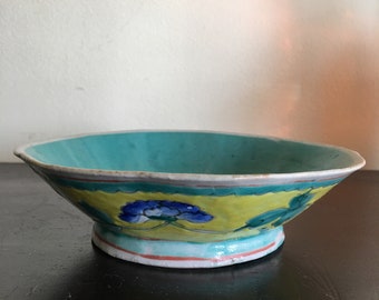 Chinese Export Famille Verte Celedon and Yellow Bowl with Pink Peony