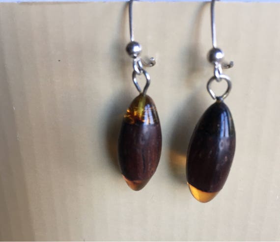 Baltic Amber And Exotic Wood Drop Earrings