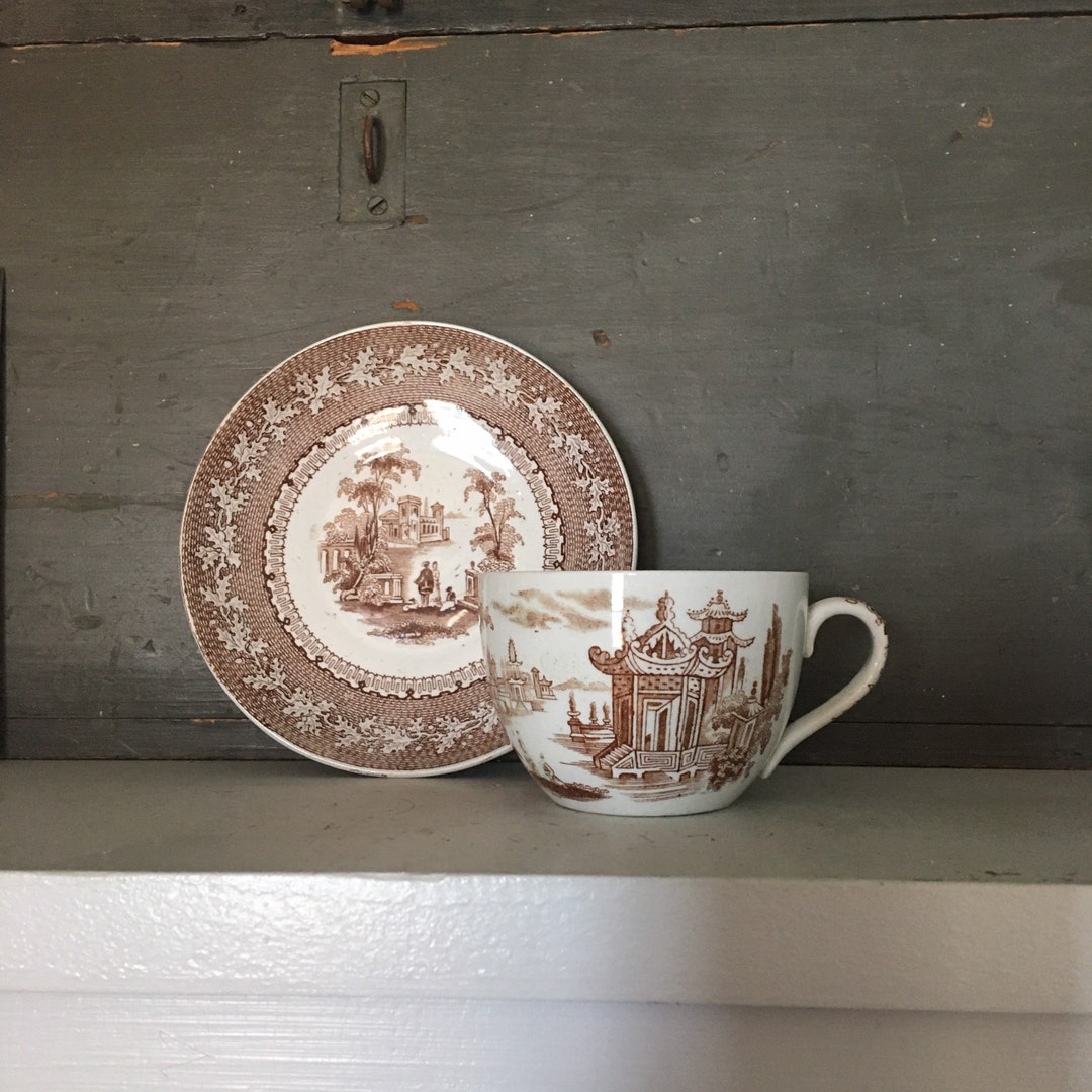Antique Brown Transferware Tea Cup Set / 1800s English Ironstone Tea Cup and Saucer / Palmyra