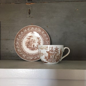 Antique  Brown Transferware Tea Cup Set / 1800s English Ironstone Tea Cup and Saucer /  Palmyra Tea Cup Set