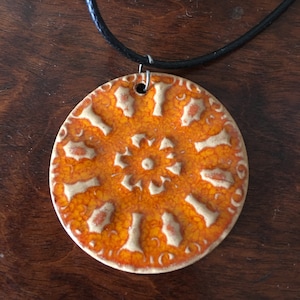 Ceramic Hand Made Orange Round Pendant / Made in Poland / Artist Made Pendant Necklace