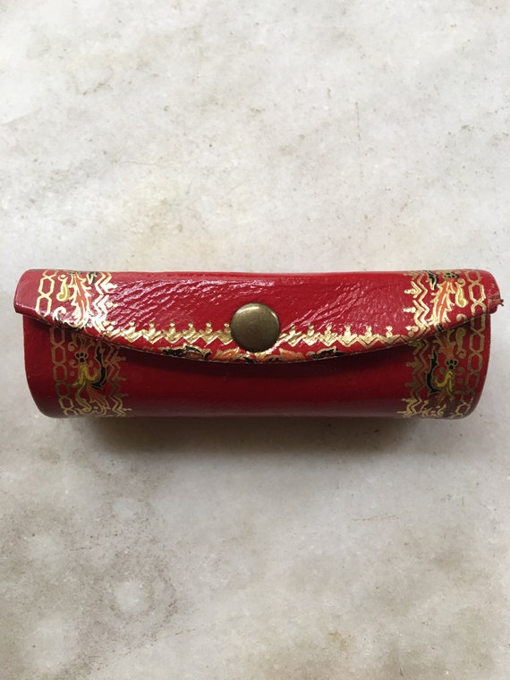 Vintage Italian Florentine Red Leather Lipstick Case Holder 