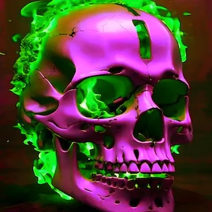 May include: A metallic purple skull with green flames emanating from the eye sockets, mouth, and top of the head. The skull has visible cracks and a dark background, creating a spooky and artistic effect.