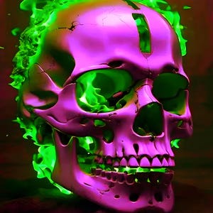 May include: A metallic purple human skull engulfed in vibrant green flames. The skull features realistic anatomical details, including deep eye sockets, a nasal cavity, and a set of teeth, all illuminated by the bright green fire surrounding it.