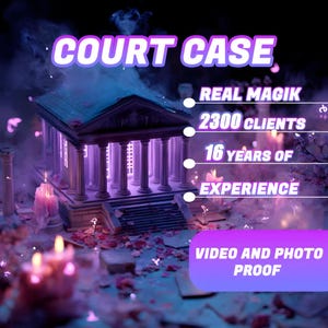 May include: An artistic rendering of a classical building with glowing purple columns and roof. The text "COURT CASE" is at the top, with additional text indicating "REAL MAGIK", "2300 CLIENTS", "16 YEARS OF EXPERIENCE", and "VIDEO AND PHOTO PROOF".