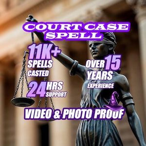 May include: A bronze statue of Lady Justice holding scales, with text overlay: "COURT CASE SPELL", "11K+ SPELLS CASTED", "24 HRS SUPPORT", "OVER 15 YEARS EXPERIENCE", and "VIDEO & PHOTO PROOF". A purple wizard hat is also visible.