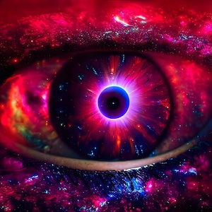 Puede incluir: Una ilustración digital de un ojo humano con una pupila azul profundo rodeada por un iris vibrante lleno de nubes de nebulosa rojas, púrpuras y rosas, estrellas brillantes y polvo cósmico sobre un fondo espacial oscuro y extenso.