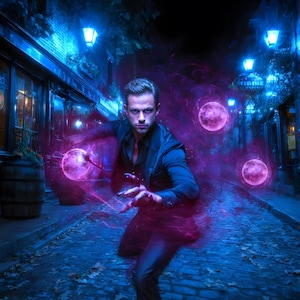 Może przedstawiać: Mężczyzna w ciemnym garniturze klęczy na brukowanej ulicy, otoczony świecącymi różowymi kulami i energią. Scena oświetlona jest niebieskimi latarniami ulicznymi, tworząc mistyczny i fantastyczny obraz.