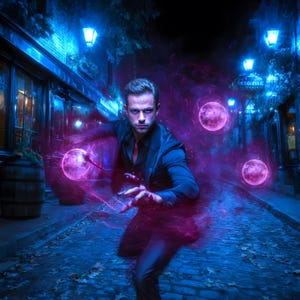 Può includere: Una persona in abito scuro in piedi su una strada acciottolata di notte, circondata da sfere di energia rosa brillante ed effetti di luce viola vorticosi, con lampioni blu che illuminano gli edifici e le vetrine circostanti.
