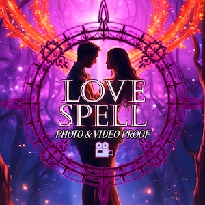 May include: Digital art featuring a couple silhouetted against a purple and orange background. The words "LOVE SPELL" are prominently displayed, along with "PHOTO & VIDEO PROOF" and a video camera icon, all within a decorative circular frame.