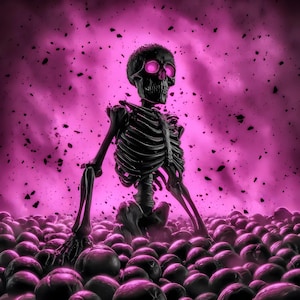May include: A black skeleton with glowing pink eyes stands amidst a sea of dark spheres against a vibrant pink background. The image has a spooky, Halloween theme, with a focus on the skeletal figure and the surreal environment.