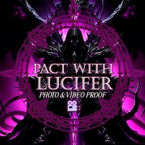 May include: A digital graphic featuring a dark, hooded figure with glowing purple eyes set against a vibrant magenta background. A circular, ornate frame surrounds the text PACT WITH LUCIFER PHOTO & VIDEO PROOF, accompanied by a small video camera icon.
