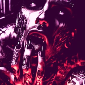 May include: A digital illustration of a person with glowing white eyes, a septum piercing, and dark, sharp fingernails. The figure has extensive skin tattoos and is rendered in a high-contrast, monochromatic magenta and black color palette.