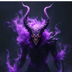 Puede incluir: Una entidad oscura con cuernos, rostro esquelético y ojos rojos brillantes, rodeada de llamas púrpuras giratorias. La figura presenta cuernos curvos y afilados, una sonrisa dentada y un torso oscuro con una textura detallada.