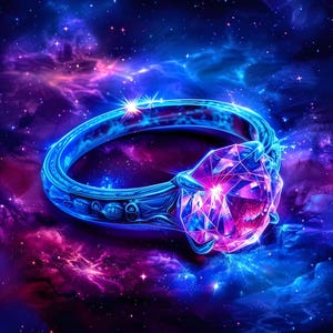 May include: A ring featuring a large, multifaceted, glowing pink gemstone set in a band with intricate, engraved blue metallic patterns. The entire piece is illuminated with vibrant blue and purple light, set against a cosmic nebula background.