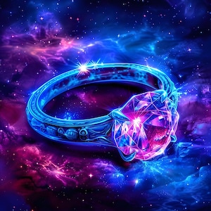 May include: A digitally enhanced image of a blue ring with a large, faceted, pink gemstone. The ring is set against a backdrop of a nebula with shades of blue, purple, and pink, and sparkling stars.