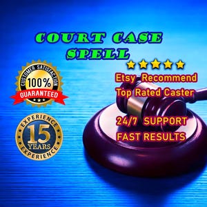 May include: Image features a gavel on a wooden base, with text overlayed. The text includes "COURT CASE SPELL", "Etsy Recommend", "Top Rated Caster", "24/7 SUPPORT", and "FAST RESULTS". Also includes a "100% GUARANTEED" badge.
