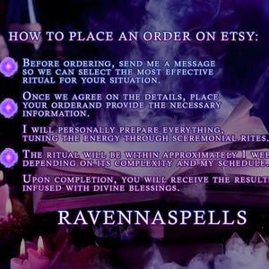 May include: A purple-toned image with text detailing how to order on Etsy. The text includes steps like messaging, agreeing on details, and ritual preparation. The shop name "RAVENNASPELLS" is at the bottom, with candles and a book in the background.