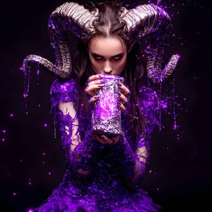 Puede incluir: Una figura con grandes cuernos de carnero plateados y texturizados, vistiendo un vestido morado vibrante con detalles intrincados de efecto goteo. La figura sostiene un objeto cilíndrico plateado metálico que emite una luz morada brillante.