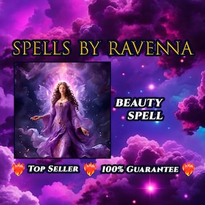 Könnte beinhalten: Eine digitale Grafik mit dem Text SPELLS BY RAVENNA, BEAUTY SPELL, TOP SELLER und 100% GUARANTEE. Das zentrale Bild zeigt eine Figur in einem fließenden violetten Kleid mit ätherischen Flügeln vor einem Hintergrund aus wirbelnden violetten Wolken.