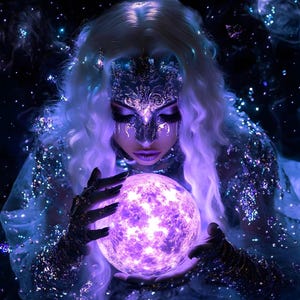 May include: A figure with long white hair and a silver metallic face mask holds a glowing, textured purple sphere. The figure wears a garment adorned with shimmering, reflective particles that catch the light against a dark, starry background.
