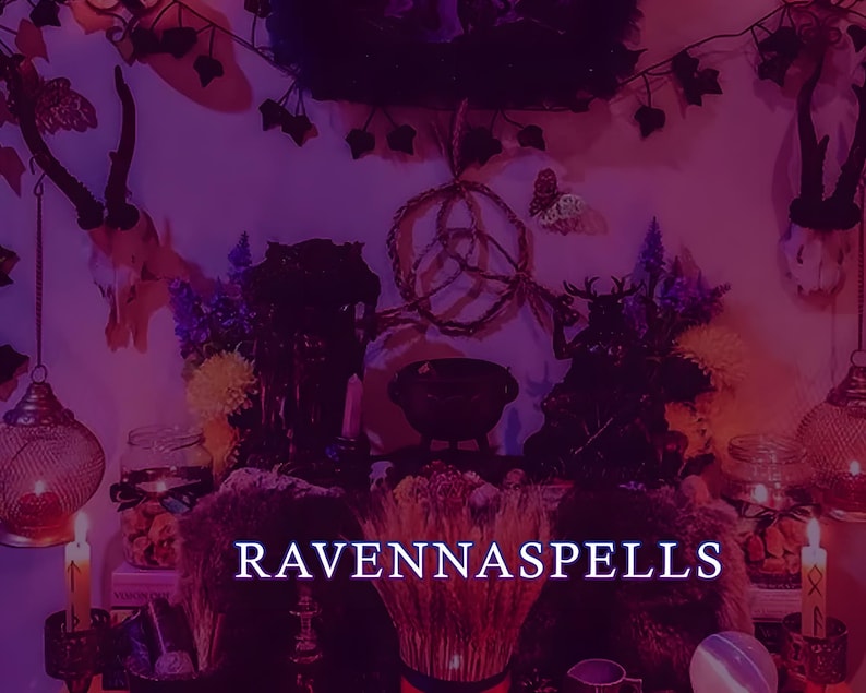 May include: A mystical altar scene with a purple and pink color scheme. The text "RAVENNASPELLS" is displayed. The altar features candles, jars, and decorative elements, including antlers and a dream catcher, creating a magical atmosphere.