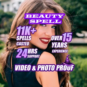 May include: A woman with long brown hair and red lipstick is the central figure. Text overlays state "BEAUTY SPELL", "11K+ SPELLS CASTED", "OVER 15 YEARS EXPERIENCE", "24 HRS SUPPORT", and "VIDEO & PHOTO PROOF". A purple witch hat is also visible.