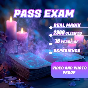 Puede incluir: Imagen con el texto "PASS EXAM" en letras blancas. La imagen presenta velas encendidas, un libro abierto con ilustraciones azules brillantes y el texto "REAL MAGIK", "2300 CLIENTS", "16 YEARS OF EXPERIENCE" y "VIDEO AND PHOTO PROOF".