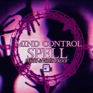 May include: A circular purple graphic with intricate ornate borders featuring the text MIND CONTROL SPELL, PHOTO & VIDEO PROOF, and a small video camera icon, all set against a dark, horizontal-lined background with a glitch effect.