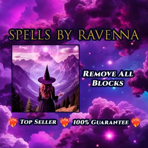 以下が含まれることがあります： 紫とピンクの雲の背景を持つデジタルアート画像。「SPELLS BY RAVENNA」の文字が上部にあります。額縁に入った画像には、魔女の帽子をかぶった人が写っています。下のテキストは「REMOVE ALL BLOCKS」、「TOP SELLER」、「100% GUARANTEE」と書かれています。