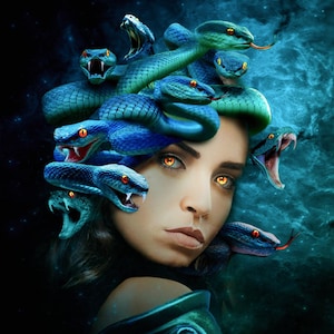 May include: A digital illustration of a person with glowing orange eyes, surrounded by multiple blue and green snakes with visible fangs and red eyes. The snakes are coiled around the head, set against a dark, nebulous, and swirling blue background.